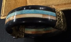 Vintage MCM Lucite Hinged Bangle Bracelet Black Turquoise Stripe Retro Mod