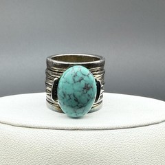 Vtg Silver Tone Faux Turquoise Wide Cigar Band Statement Cocktail Ring Size 5.5