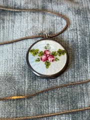 Vintage German Guilloche Enamel Rose Locket Pendant 925 Silver Chain 20”
