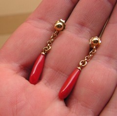Earrings coral red genuine untreated blood of ox gold Italy drop heart