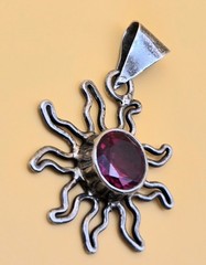 Vintage Sterling Silver 925 Mexico Sun Red Garnet Pendant 1″