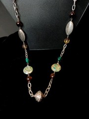 Vintage Silver Tone Etched, Brown And Teal Swirl Coin Art Glass & Plastic Beads