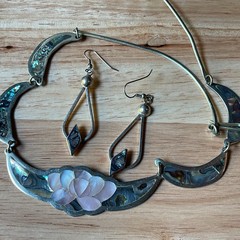 Vintage Alpaca Mexican Inlayed Mother Of Pearl Abalone Necklace And Earrings
