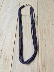Natural Nepal Glass Seed Bead Multi Strand Necklace. Iridescent Peacock Blue 22″