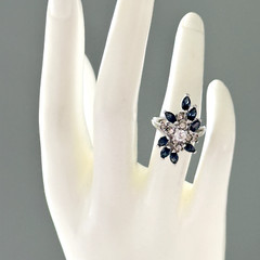 Vintage Blue & Clear Crystal White Gold Plated Statement Cluster Ring Size 6