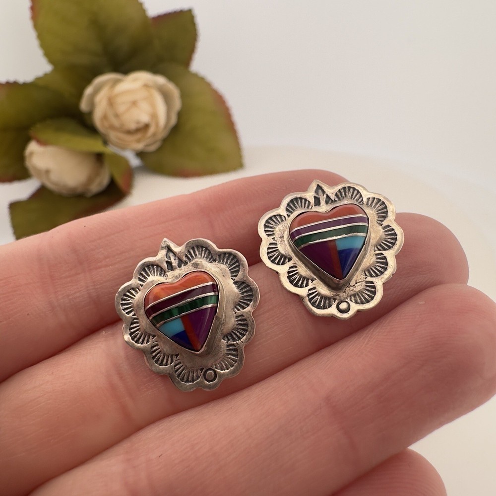 VINTAGE NAVAJO ~ SIGNED ~ OLD PAWN ~ STERLING SILVER INLAY POST EARRINGS 3 GRAMS