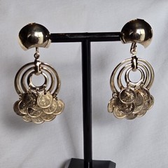 Vtg Faux Mercury Dime Coin Dangle Hoop Screw Back Earrings 2″ Drop