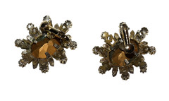 Vintage Coro Amber Rhinestone Aurora Borealis Accents Clip Hinge Earrings