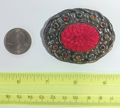 Vintage Dark Silver-tone Open Oval Brooch w/ Carved Glass? Floral Centerpiece