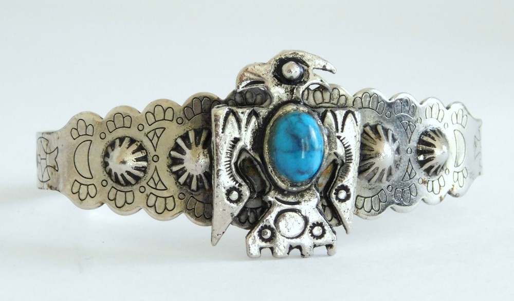 Vintage Silver Tone Faux Turquoise Thunderbird Southwestern Cuff Bracelet