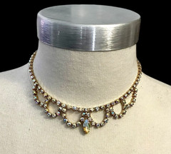 1950s Aurora Borealis AB Clear Rhinestone Gold tone 15″ Choker swag NECKLACE adj