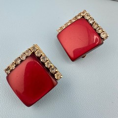 Vintage Coro Art Deco Earrings Lot Blue Red Thermoset Rhinestone Clip On Signed