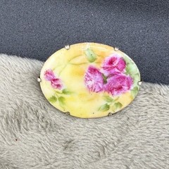 Vintage Victorian Porcelain Brooch Hand Painted Flowers Pink