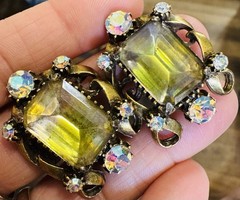 Vtg Signed Florenza AB & Light Vitrail Rhinestone Bracelet Earrings Set Chunky