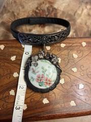 Sterling Silver Vintage Porcelain Leather Choker Statement Necklace
