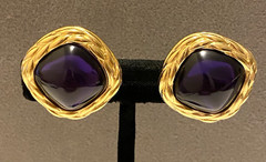 Vintage TriffariGold Tone Clip Earrings Signed Faux Amethyst Cabochon 1 1/4