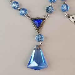 Vintage Art Deco Necklace Bracelet Set Blue Glass 16″