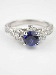 Vintage Art Deco Blue Sapphire & Lab Created Diamond Engagement 925 Silver Ring