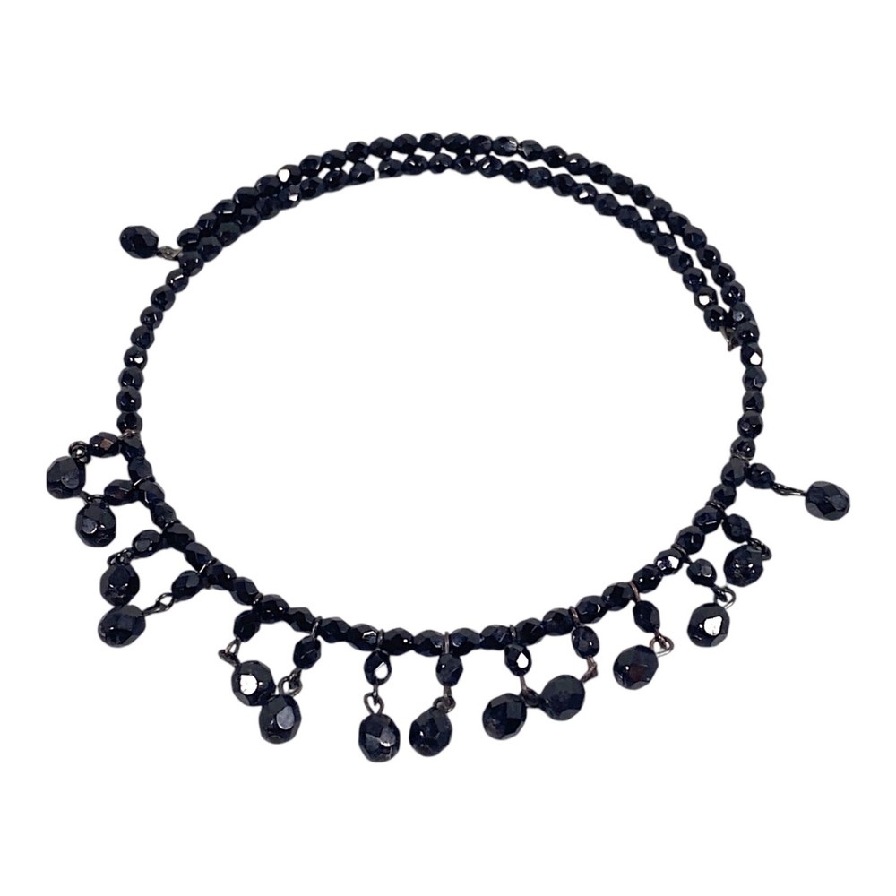 Victorian Revival Choker Necklace 16″ Black Glass Wire Dangle MCM VTG Witch Goth