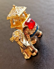 Elephant Brooch Gold Tone, Rhinestones, 2 Fauz Pearls, Green Eye, Blue Enamel