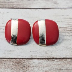 Vintage Earrings For Pierced Ears Red Rounded Square Shape – Poor Condition