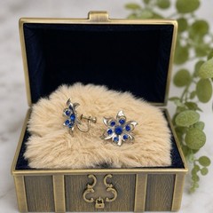 Blue Rhinestone Flower Floral Silver Tone Screw Back Earrings • Vintage Jewelry