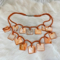 Vtg Geometric Necklace Mother of Pearl Orange Dyed Art to Wear Beachy Boho 13827