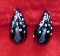Givenchy Earrings Vintage Black Hematite Hoops Clear Crystal 1.25 in Chunky 847f
