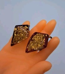 Vtg Lot (2) Pairs Clip Twist On Earrings Gold Tone Fleck Resin Aurora Borealis