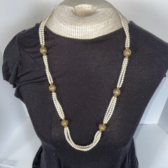 Trifari TM Vintage 3-Strand Faux Pearl with Gold Accents Jewelry Necklace 15”