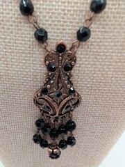 Victorian Revival Copper & Black Beaded Pendant Necklace 24″