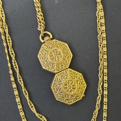 Vintage Goldette Triple Chain Ornate Hexagon Gold Tone Snap Locket Necklace
