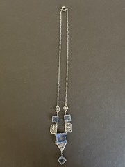 Art Deco 1920’s Filigree Flapper Necklace w/ Square Cut Blue Glass