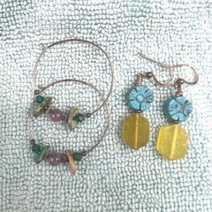 Vintage Artisan Wire Earrings 2 Pr Dangle Hoop Stones