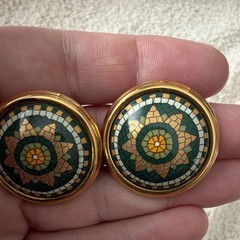 Auth HERMES Vintage Enamel Mosaic Round Clip-On Earrings Gold Green Signed