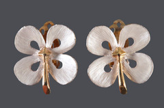 Vintage PARK LANE CLIP-ON EARRINGS Shamrock 4-Leaf Clover GOLD & WHITE/SILVER