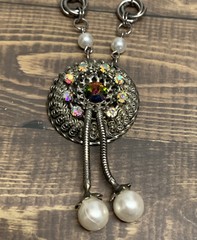 VINTAGE silver tone CRYSTAL AB rhinestone DROP NECKLACE chain SPARKLY Faux pearl