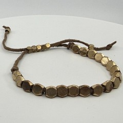 Boho Stackable Hexagon Brass Tone Bead Bracelet Adjustable Cord Earthy Gift Idea
