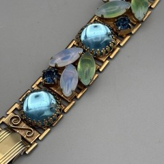 Vintage Bracelet Opaline Navette Glass Cabochon Rhinestone Gold Tone 6.5″ READ