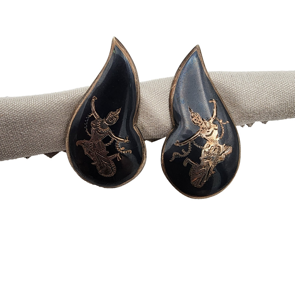 Vtg Siam Sterling Silver Niello Teardrop Screwback Earrings Thai Mekhala Goddess