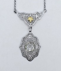 Antique Edwardian Filigree Lavalier Necklace Camphor Glass Style Art Deco