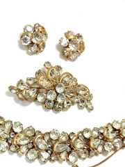 KRAMER NY Gold Tone Half Circle Clear Rhinestone Bracelet, Brooch & Earring Set