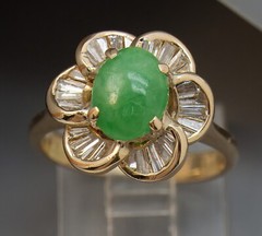 Apple Jade Diamond Baguette Daisy Halo 18k Gold Ballerina Ring