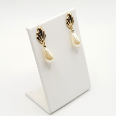 Art Deco Style Faux Pearl Teardrop Gold Tone Scallop Fan Classy Mermaid Earrings