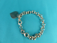 Vtg Sterling Silver Heart Tag Charm Rolo Chain Link Bracelet Italy Tiffany Style