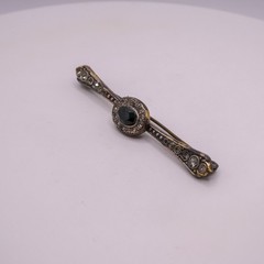 Vintage French Silver Toned Bar Brooch Pin Black Rhinestone Trombone Clasp