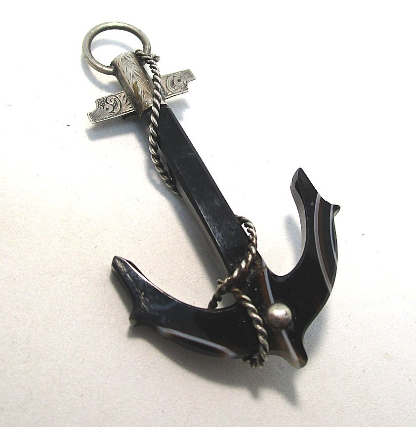 Victorian Silver and Banded Agate Anchor Pin 5.50 grams