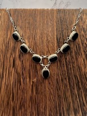 VTG 925 Sterling Silver Rope Trim Accent Oval Black Onyx Statement Necklace