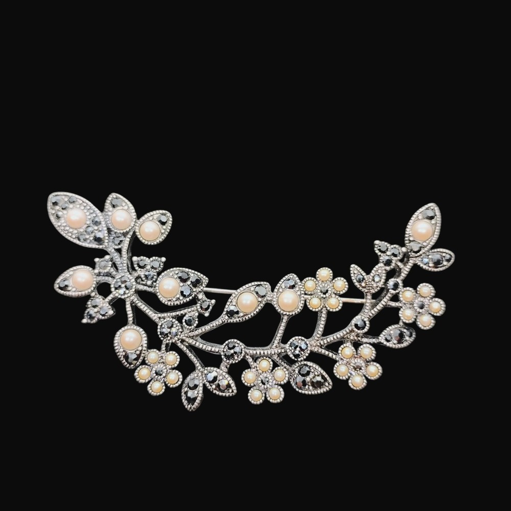 Monet Large Black Rhinestone & Faux Pearl Flower Spray Brooch Silver Tone 3.5″
