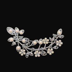 Monet Large Black Rhinestone & Faux Pearl Flower Spray Brooch Silver Tone 3.5″